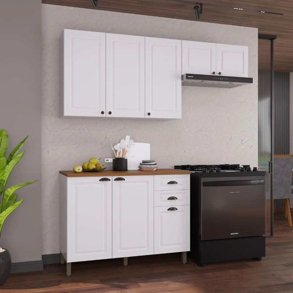Armário de Cozinha Modulada Compacta Nara 8 Portas 2 Gavetas MDF 200CM Branco