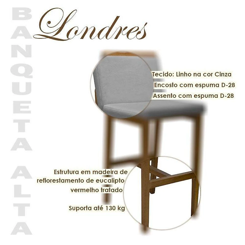 Banqueta Alta Londres Linho Cinza - Fratello