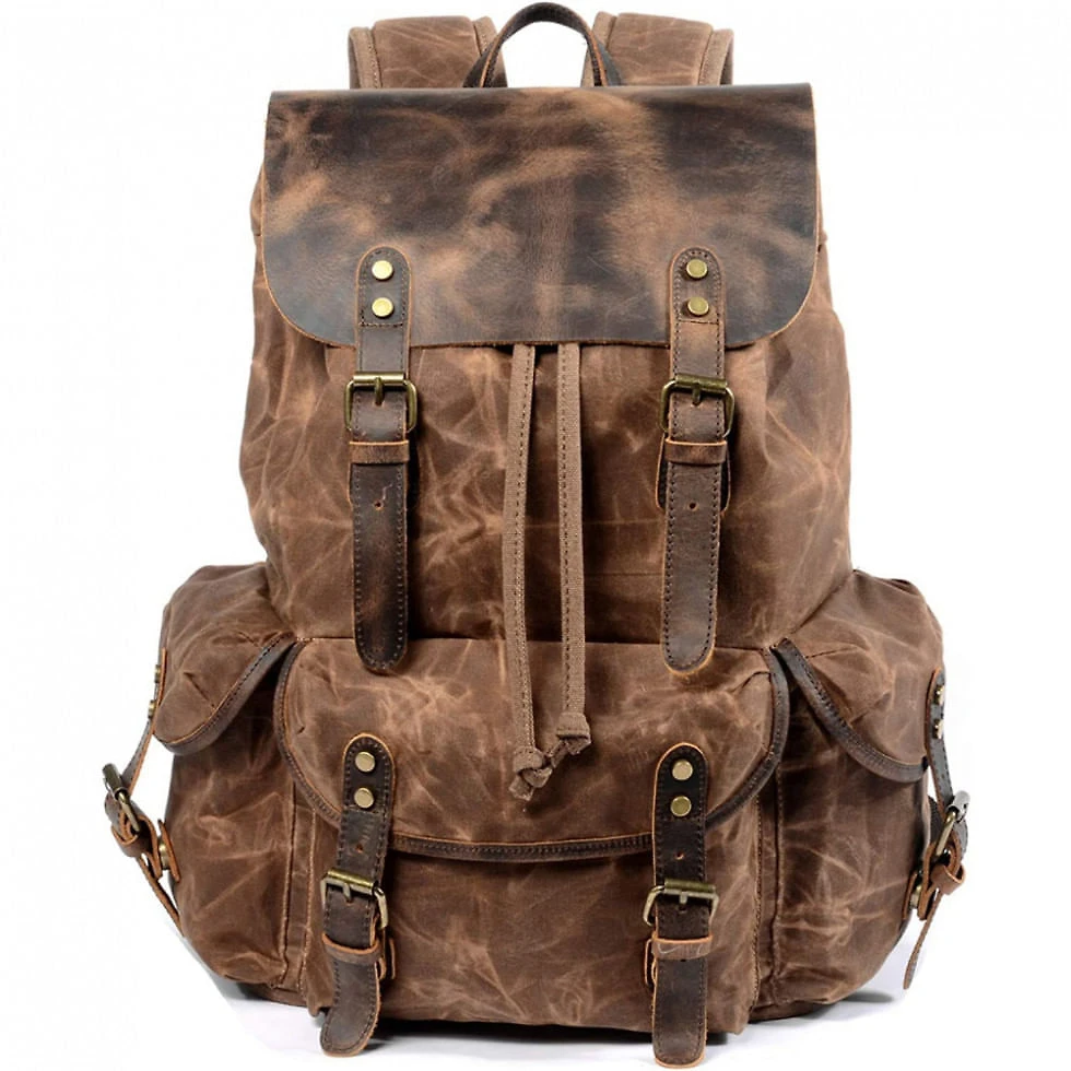 Mochila Masculina para Laptop de Couro, WUDON, Marrom