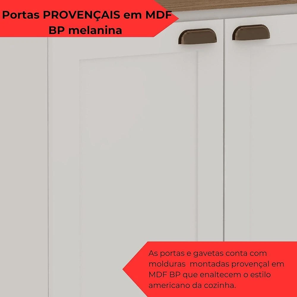Balcão 2 Portas 3 Gavetas 120cm Americano 100% Mdf com Tampo e Rodapé Provençal Branco/Ébano