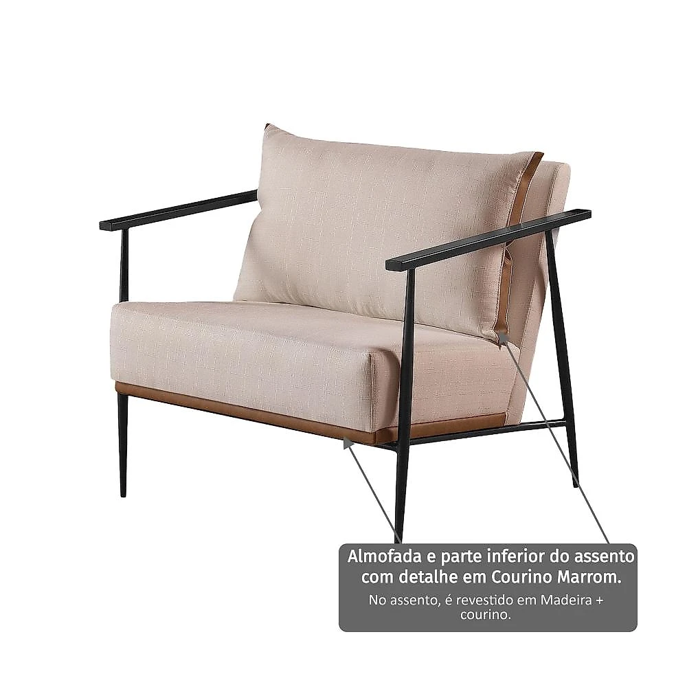 Poltrona em Estrutura de Metal, Estofada e Almofada Inclusa Ferco Poltrona em Linho 70cm com Estrutura de Metal Ferco Bege Claro