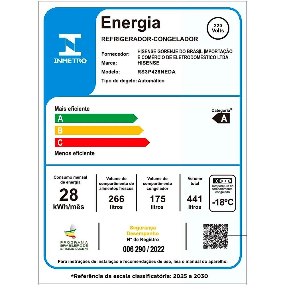 Geladeira Hisense Inverter Side by Side RS3P428, 441 Litros, Inox - 220 Volts
