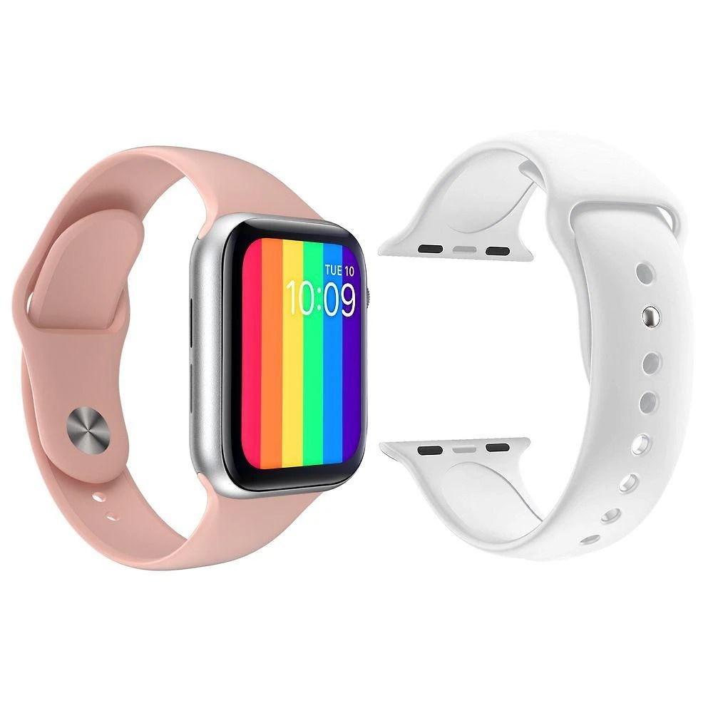 Kit 1 Relógio Inteligente Smartwatch Iwo12 Lite Rosa Android Ios + 1 Pulseira Silicone Branco