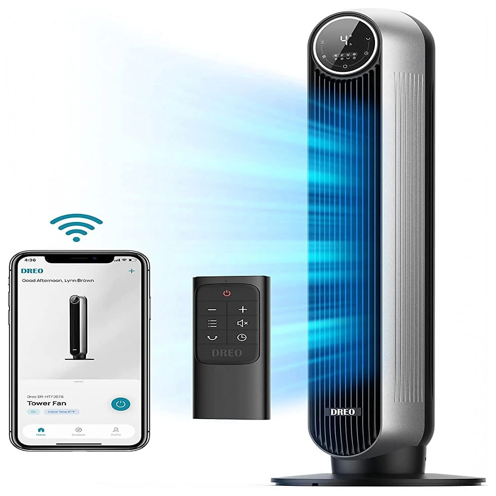 Ventilador de Torre Dreo DR HTF007S com 4 Velocidades, Controle Remoto, Tela LED e Controle de Voz, 110V, Cinza