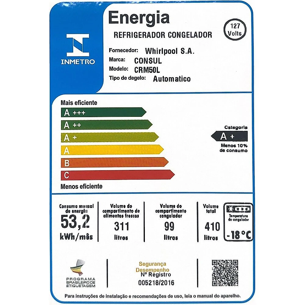 Geladeira Consul Frost Free Duplex 410 Litros CRM50LB Branco - 110V