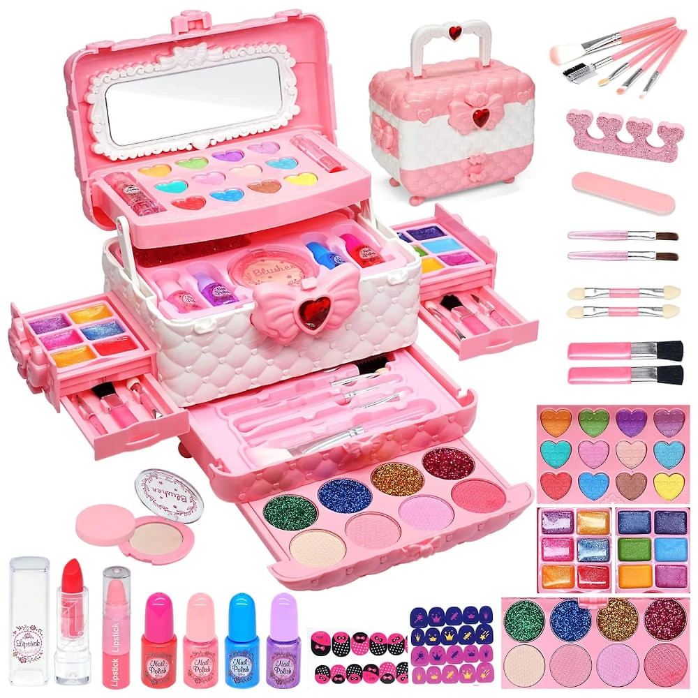Kit de Maquiagem Infantil com 57 Peças para Crianças de 4 a 12 Anos, HERAPFANN, Rosa