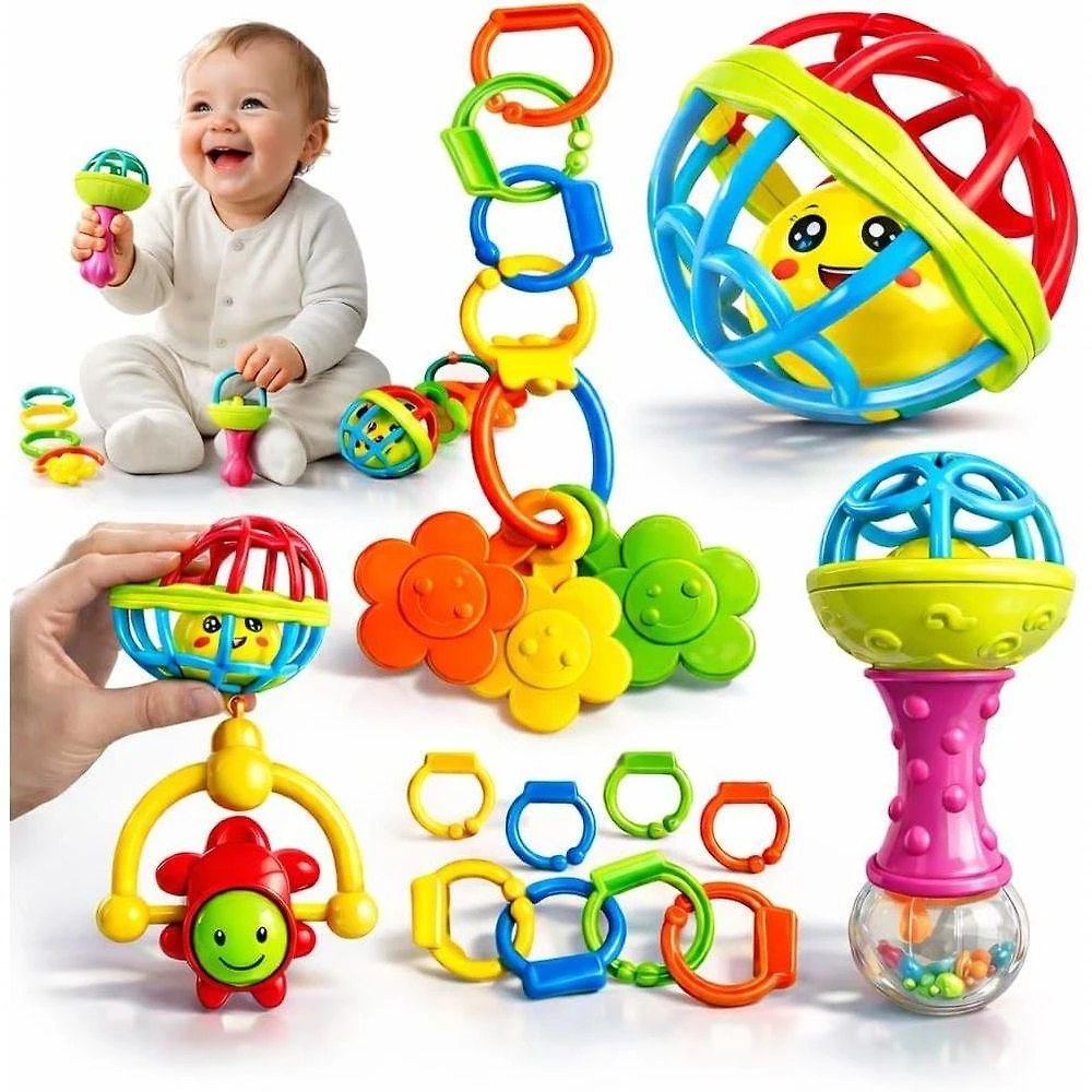 Kit Chocalho para Bebe 8 Pecas Educativo Sensorial com Mordedor Colorido Desenvolvimento Infantil