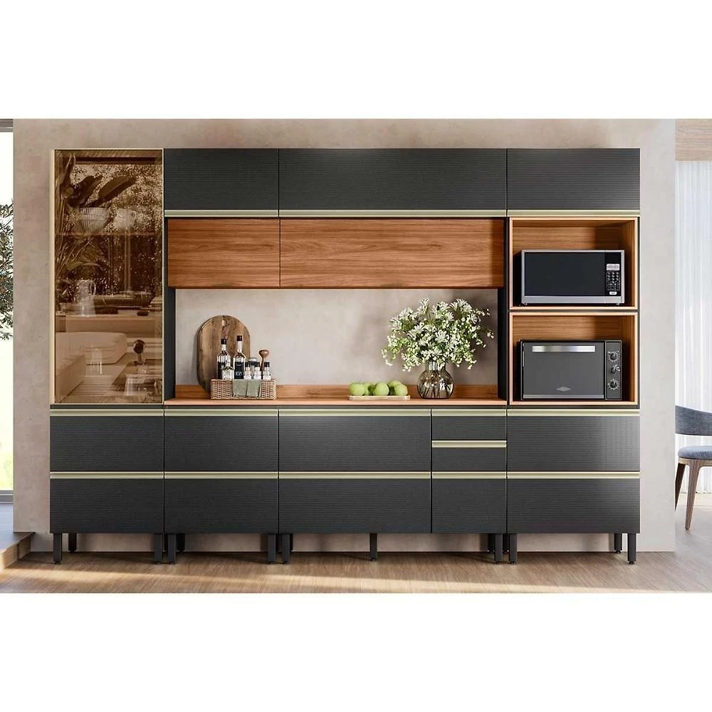 Kit Cozinha Proença 6 Peças 3 Portas 7 Gavetas MDF 120CM Nogueira e Carbono