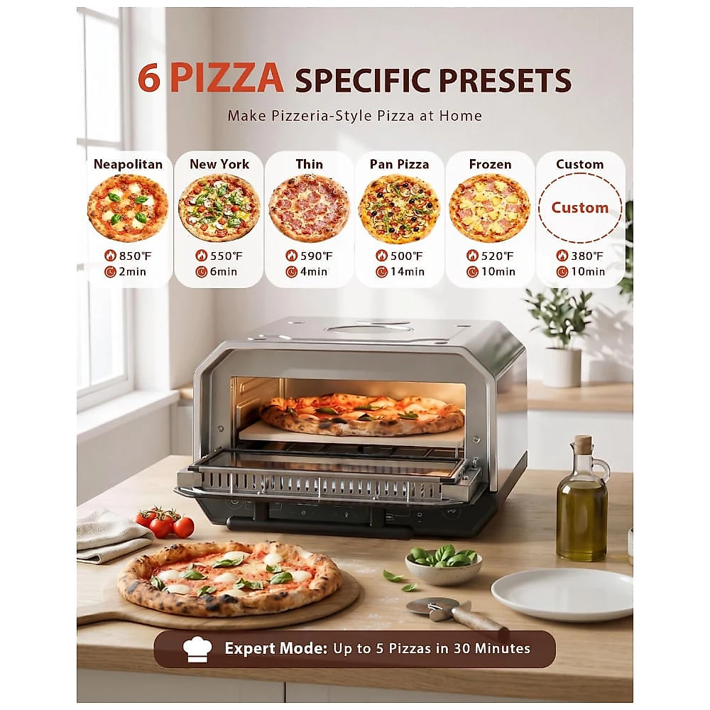 Forno de Pizza Elétrico ZACHVO MS-602A 13-em-1 Pizza 30cm Pedra Refratária 454°C Napolitana 110V