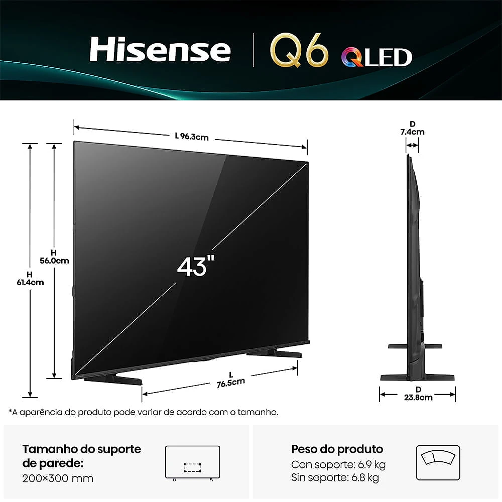 Smart TV QLED 4K Hisense 43" polegadas 43Q6QVV com Processador AI, Dolby Vision Atmos e Compatibilidade Alexa e Google Bivolt