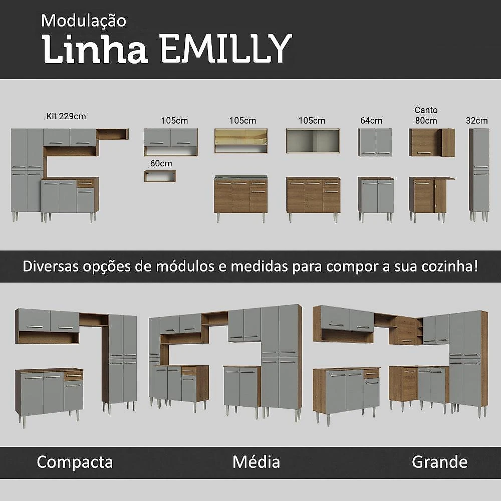 Armário de cozinha compacta 229cm rustic/cinza emilly madesa 15