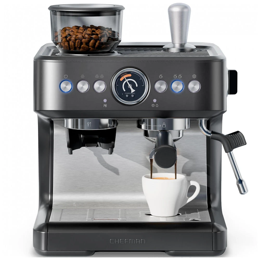 Máquina de Espresso Chefman Crema Deluxe Aço Inox Dupla Caldeira Moedor Cônico 30 Ajustes 1500W 120V