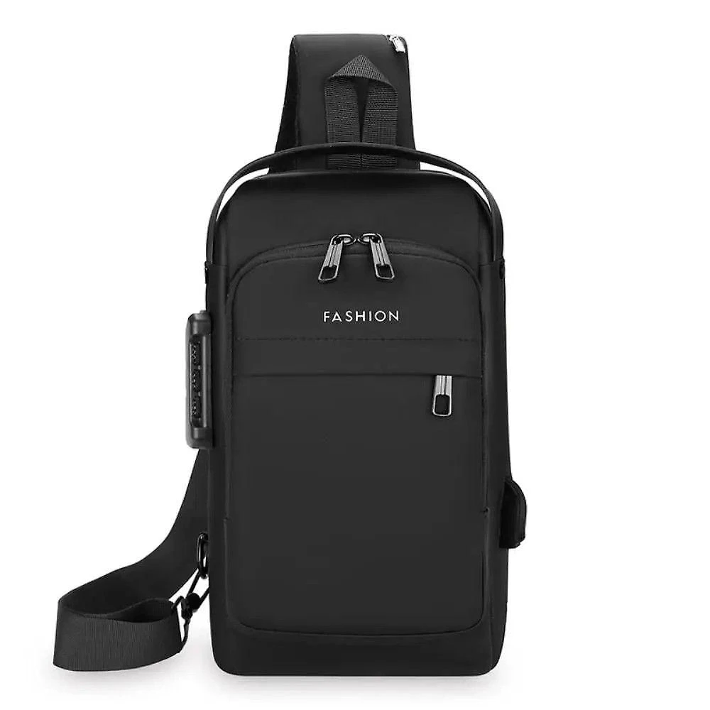 Mochila de Ombro OEM PX3-Preto Transversal Compacta 30x16x9cm Preto com Entrada Usb e Trava Unissex