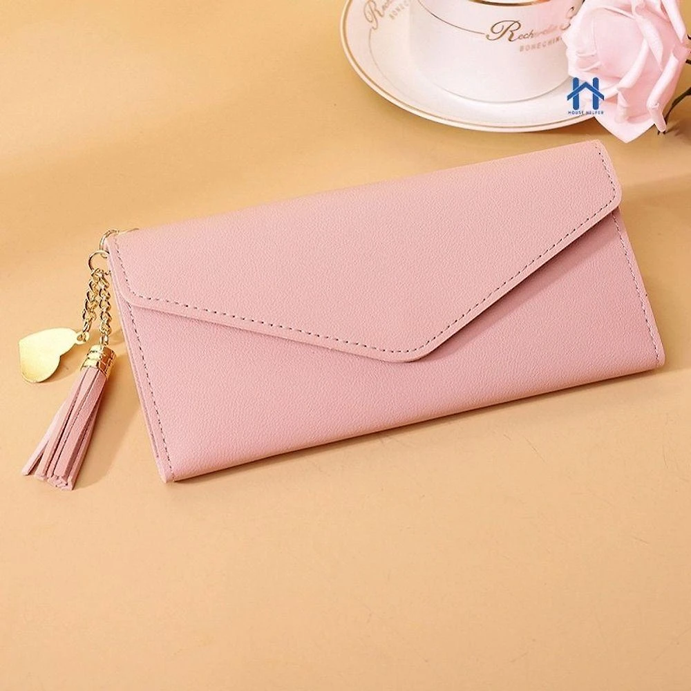 Bolsa Carteira Feminina Grande Porta Cartões De Couro Colorido Com Chaveiro E Franja Rosa