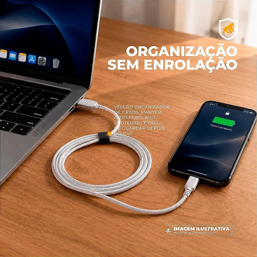 Cabo Dual Armor Tipo C/ Tipo C 1M com Carregamento Rápido 27W Revestido em Nylon Balístico - Branco - Gshield