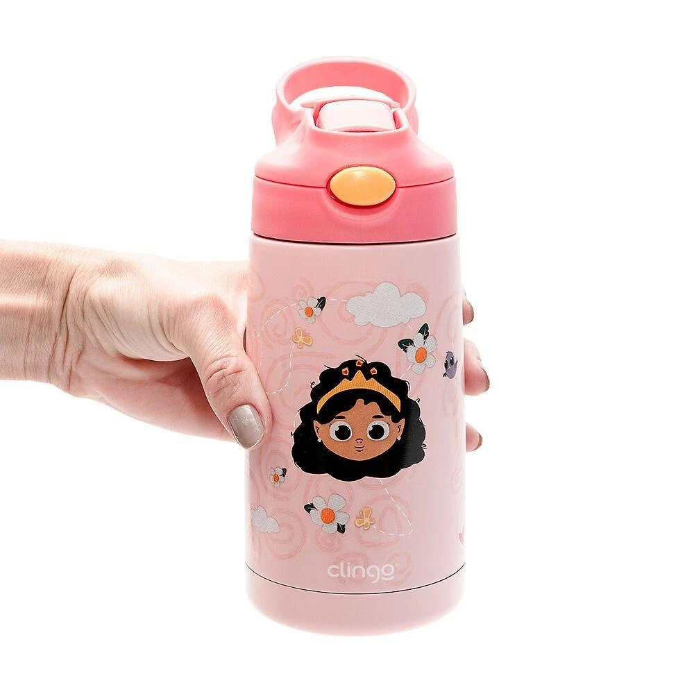 Garrafa Térmica Infantil Princesa com Canudo Silicone e Isolamento a Vácuo para Crianças Rosa 350ML