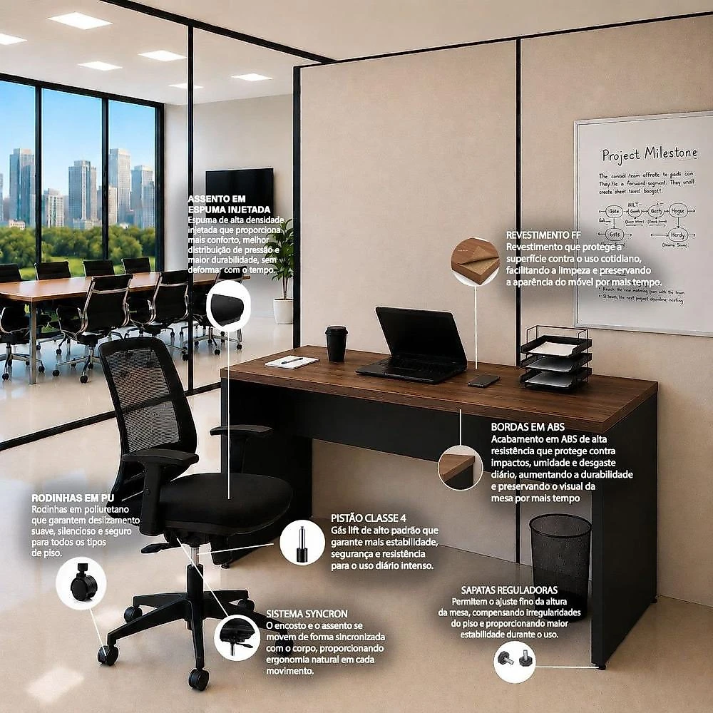 Conjunto Mesa de Escritório 140x60cm + Cadeira Ergonômica Reclinável Sistema Syncron Pistão Classe 4