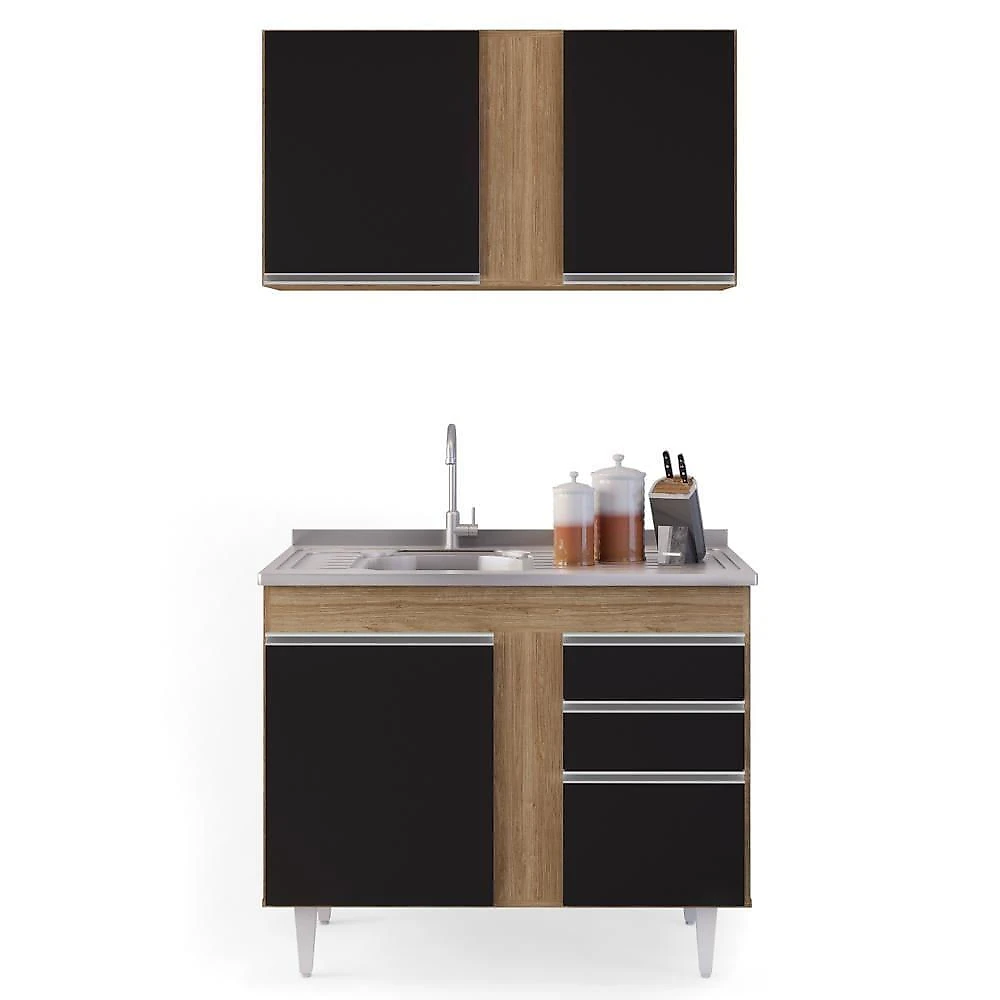 Armário Aéreo Indiana E Balcão Gabinete 100cm Com Pia Inox Luziania Castanho-preto - Lumil