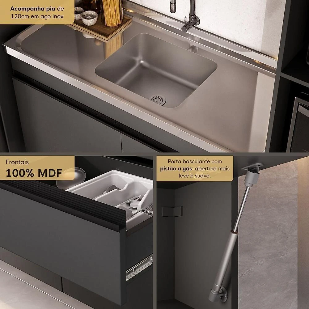 Armário de Cozinha Modulada Completa 9 Portas 1 Gaveta MDP-MDF 313CM Grafite Multimóveis