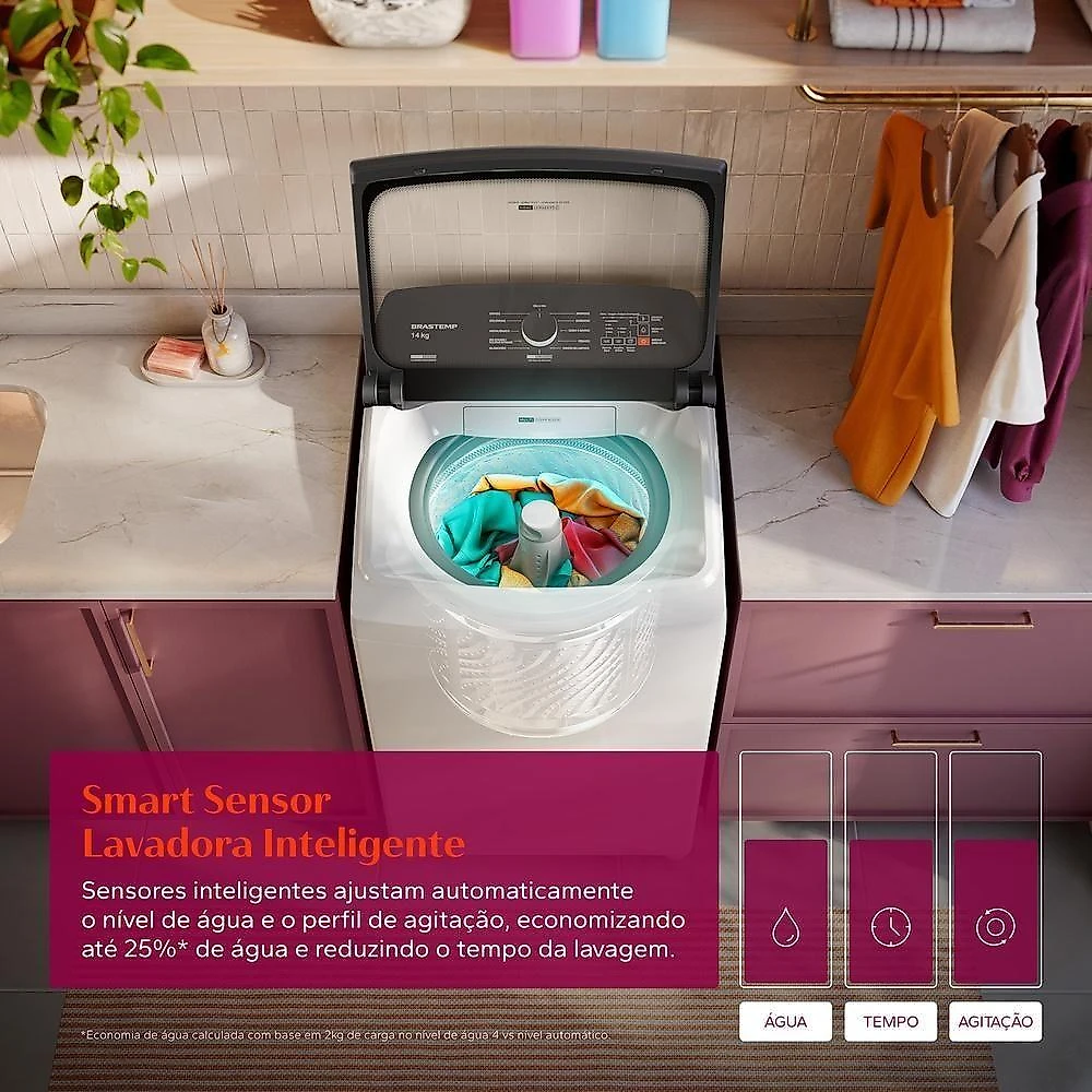 Máquina de Lavar Brastemp BWJ14AB 14kg Automática com Smart Sensor e Reduzir Tempo Branca 110V