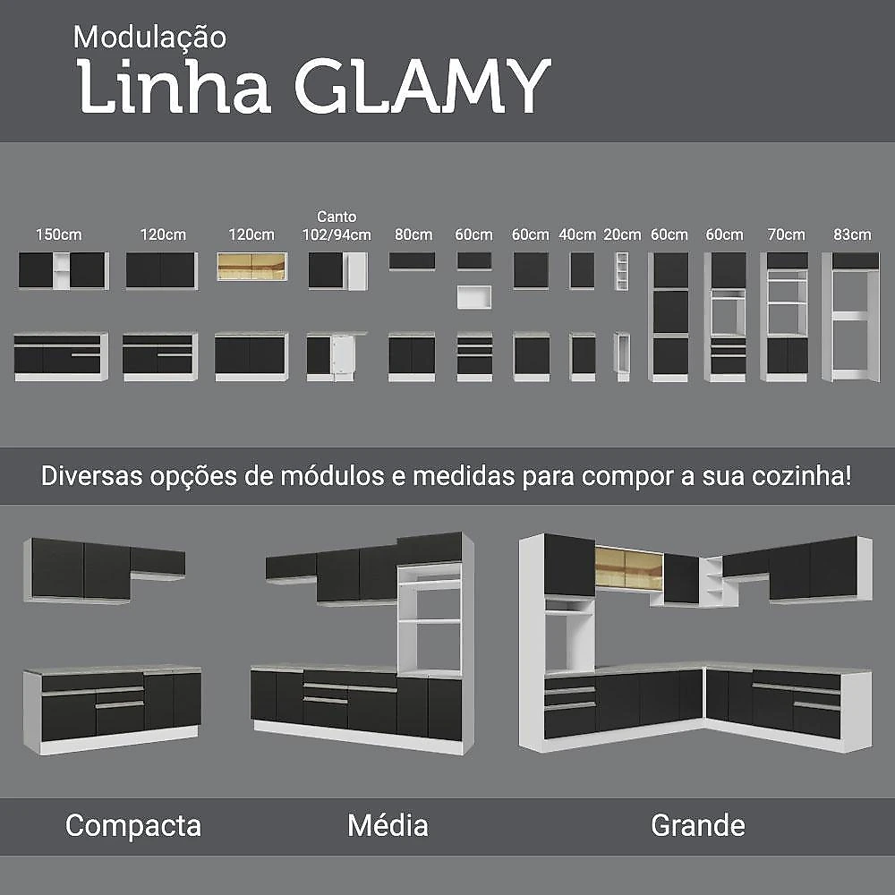 Cozinha completa de canto madesa glamy 349002 com armário e balcão (sem tampo e pia) - branco/preto