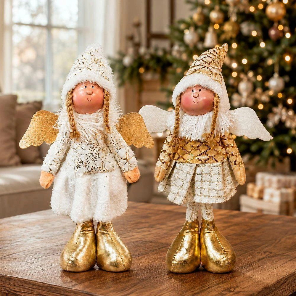 Decoração Anjo Natalino Branco e Dourado Kit 2 45CM