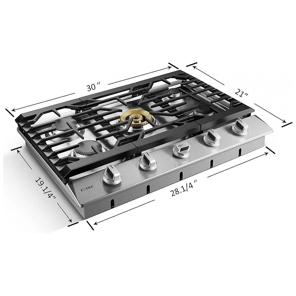 Cooktop a gás 5 queimadores Fotile inox queimador triplo 22.000 BTU proteção contra falha de chama grades em ferro fundido 110V