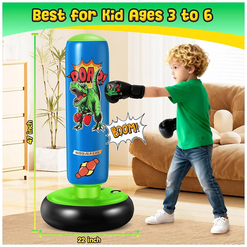 NIBBaNACAL Saco de Pancadas Inflável Infantil 120 cm com Luvas - Brinquedo Educativo e Divertido para Karatê e Taekwondo