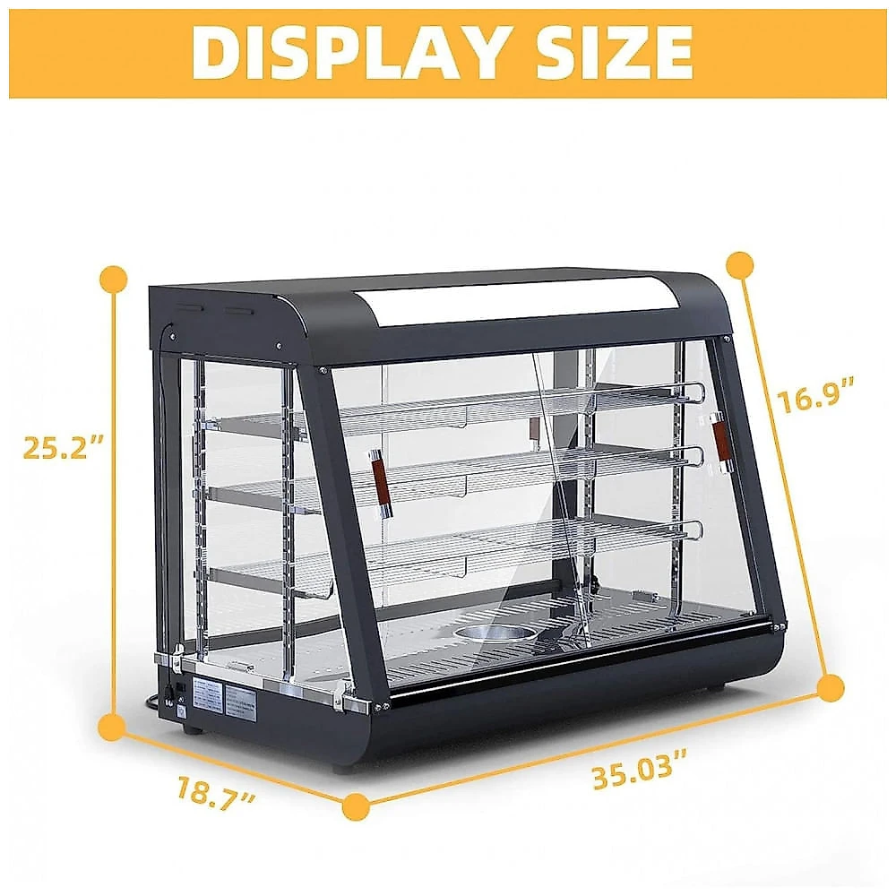 Aquecedor de Alimentos 3 Andares Whalefall Preto Aquecimento 3D Portas de Vidro Deslizantes Estrutura Aço Inoxidável 89 cm para Buffet Restaurantes