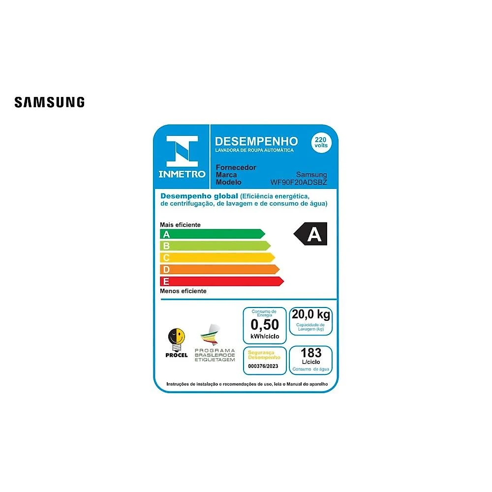 Lavadora de roupas samsung 20kg bespoke ai laundry wf90f inox 220