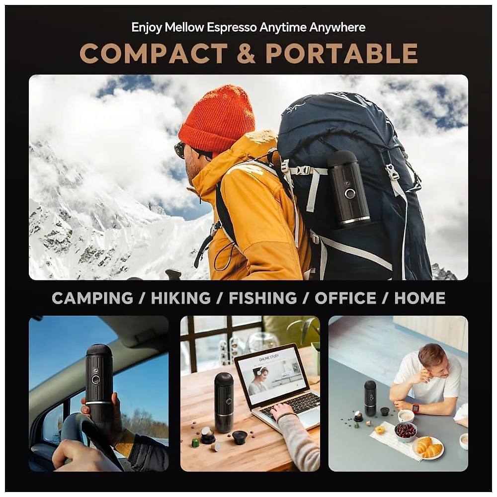 Mini Máquina de Café Portátil 19 Bar com Carregamento USB-C e Compatível com Café Moído e NESPRESSOpods para Viagens, Acampamento e Casa, 5W, 110v