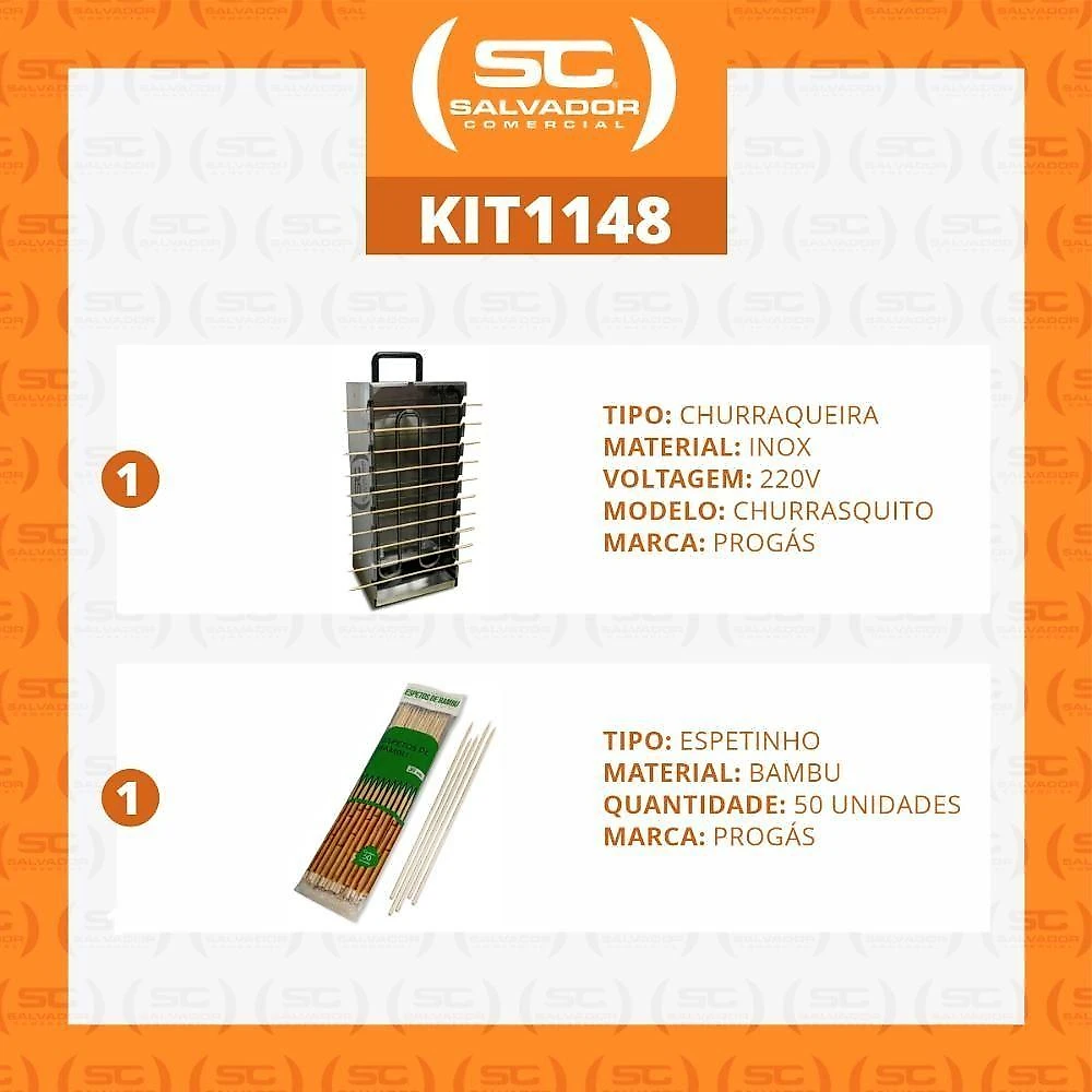 Kit - Churrasqueira 10 Espetinhos Churrasquito Elétrico Pr-199e 220v + 50 Espetinhos - Progás 220v