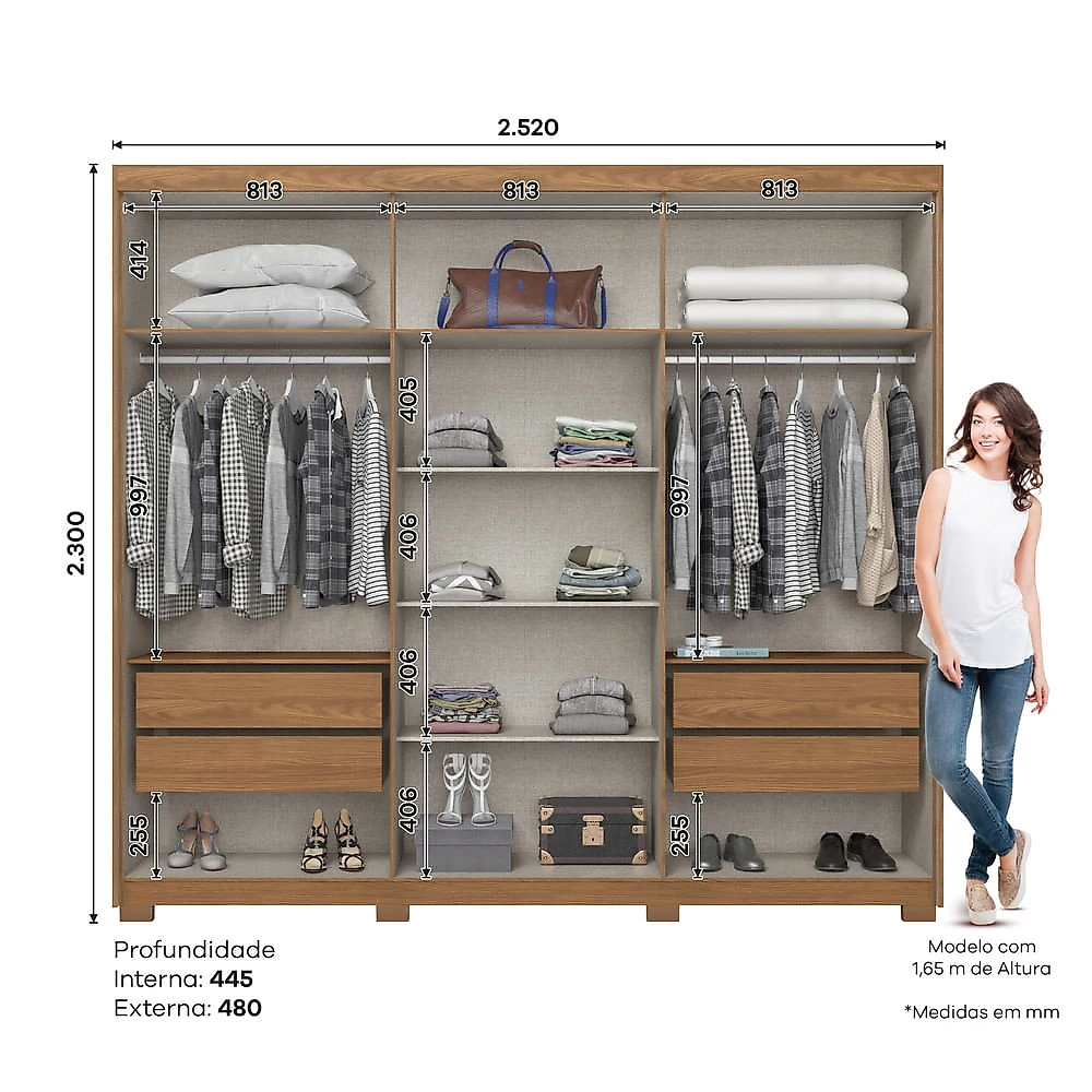 Guarda Roupa Casal 6 Portas Com Espelho 4 Gavetas Flex Henn Nature/Avelã