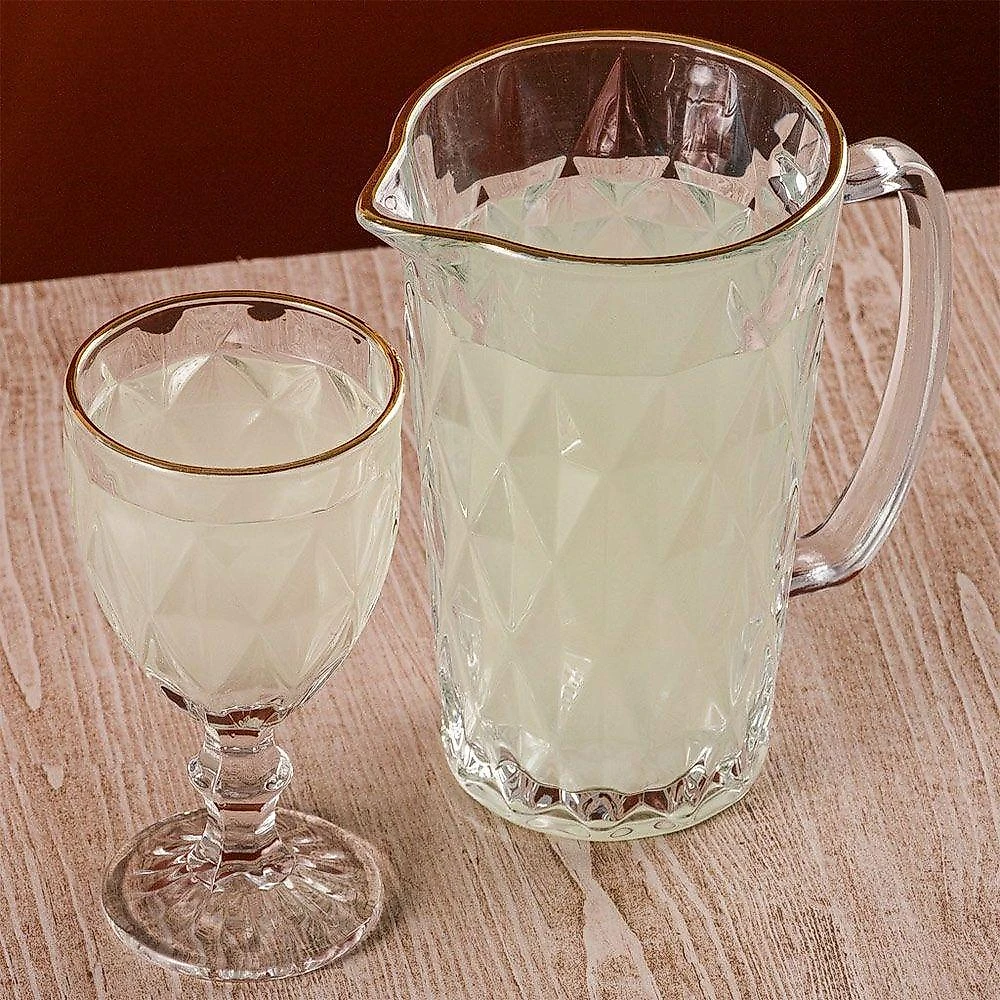 Jogo Jarra 1l Diamond Com 4 Taças De Vidro 325ml Fio De Ouro Borda Dourada água Suco Lyor
