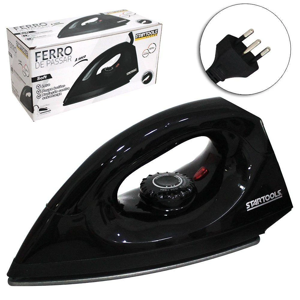 Ferro de Passar a Seco Soft 1000W com Base Antiaderente Preta para Uso Diário 110V