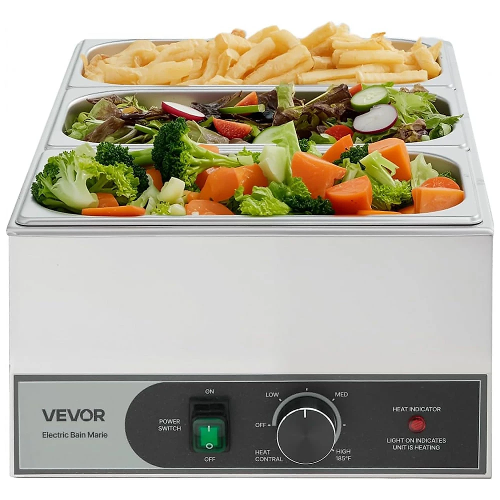 Aquecedor de Alimentos a Vapor VEVOR M-112 Inox 1200W 3 Cubas Buffet Banho-Maria 110V