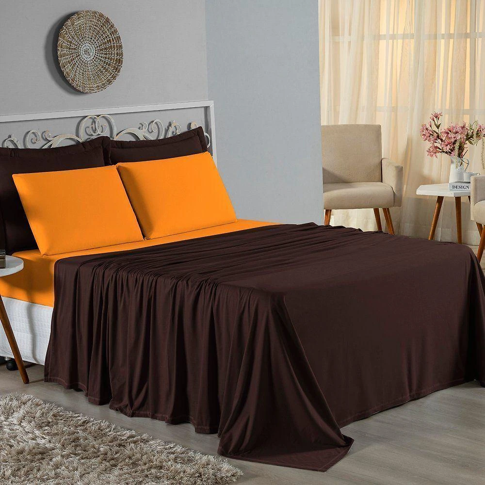 Jogo De Cama King Nobre 4 Peças Lençol Com Elástico De 30cm De Altura Malha 100% Algodão - Marrom / Laranja