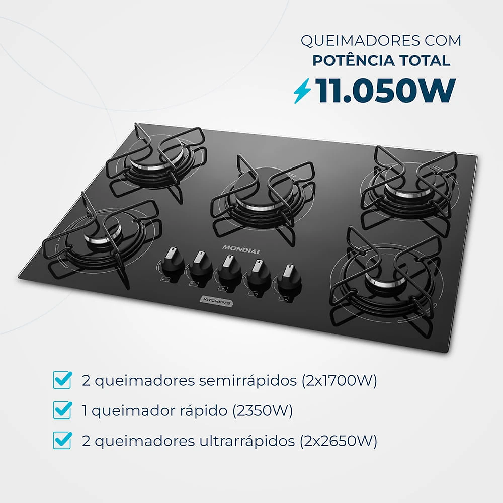 Miniatura Cooktop a Gás 5 Bocas Mondial CTG-02 COOKTOP A GÁS-BIV-PRETO/PRATA