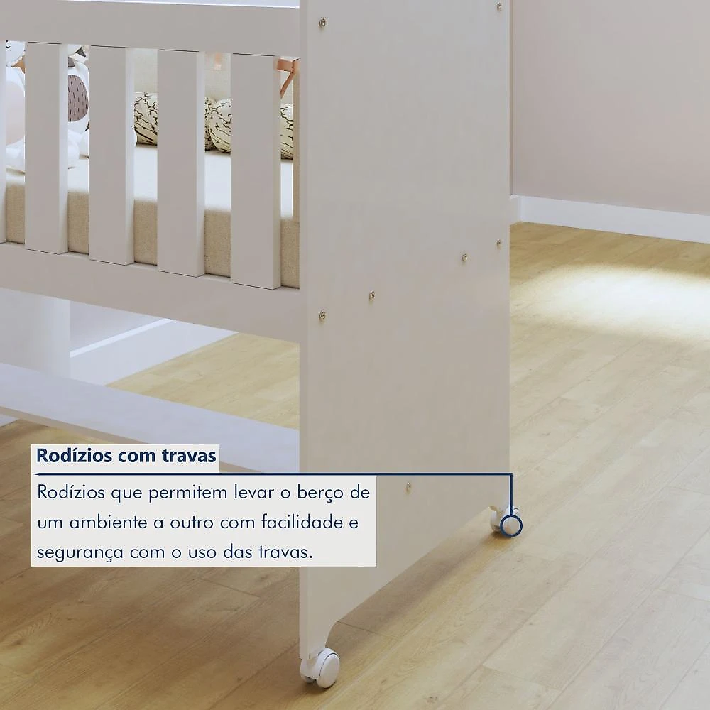 Quarto de Bebê Completo com Cômoda, Mini Berço com Colchão e Guarda Roupas Lila Branco