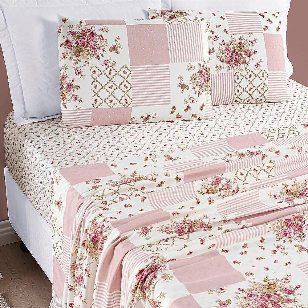 Edredom 2,40m X 2,20m + Jogo De Cama Dupla Face Bouti Queen 07 Peças 100% Poliéster - Rosa Matura