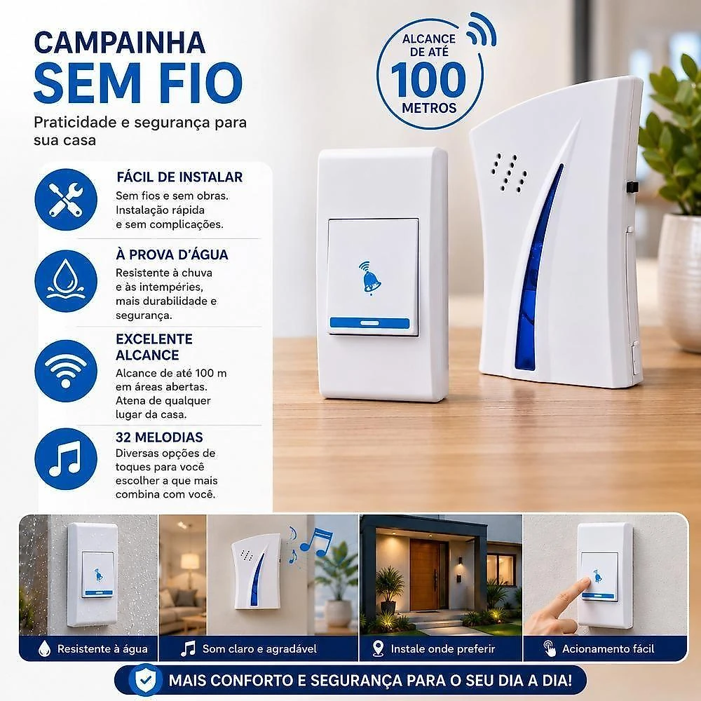 Campainha sem Fio Residencial Comercial 32 Toques Wireless Longo Alcance Branco Bivolt