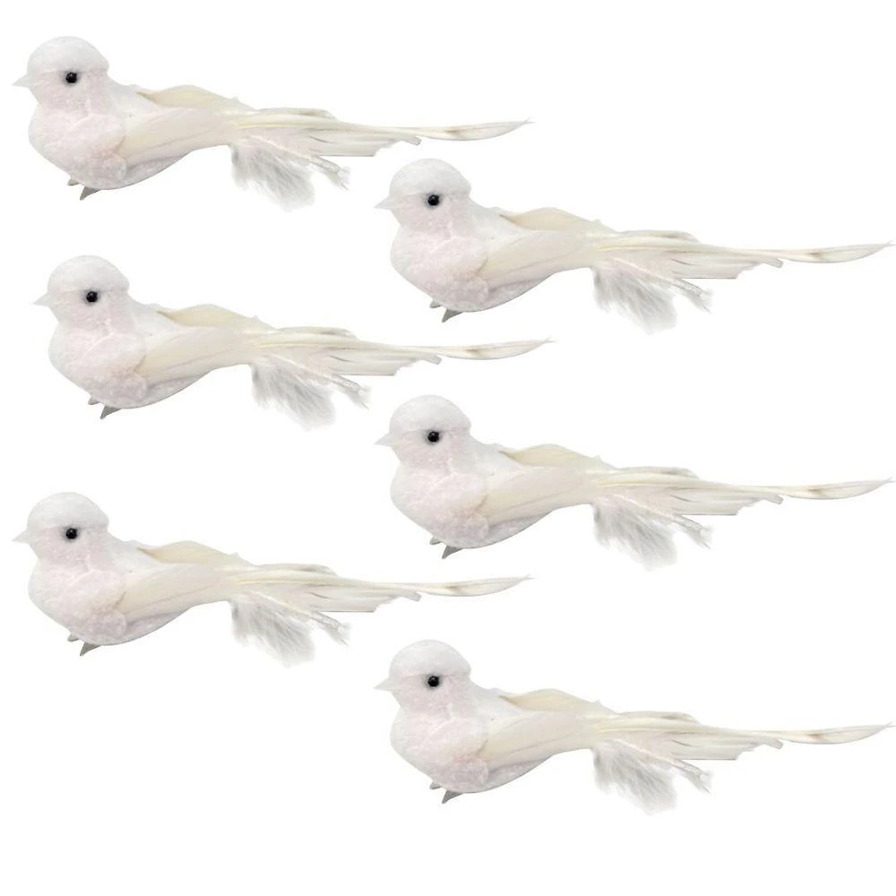 Enfeite Decorativo de Natal Kit 6 Pombas Branca Plumas e Lantejoulas 12cm com Presilha Yangzi