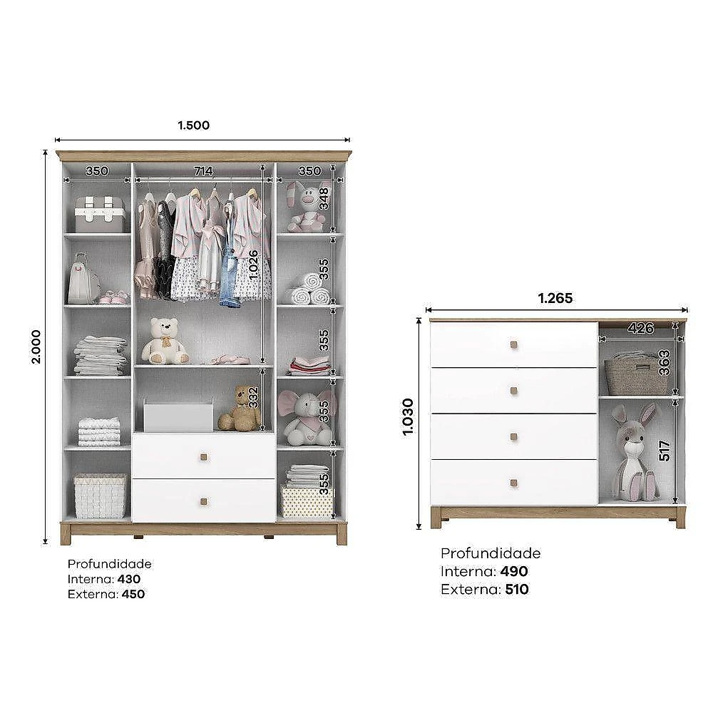 Quarto de Bebê com Guarda Roupas e Cômoda Aconchego 5 Portas 6 Gavetas MDF-MDP Branco Móveis Henn