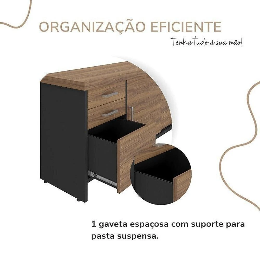 Kit Completo Escritório Mesa Tamburato 160cm Balcão com Gavetas e Armário com Nicho Nogal / Preto