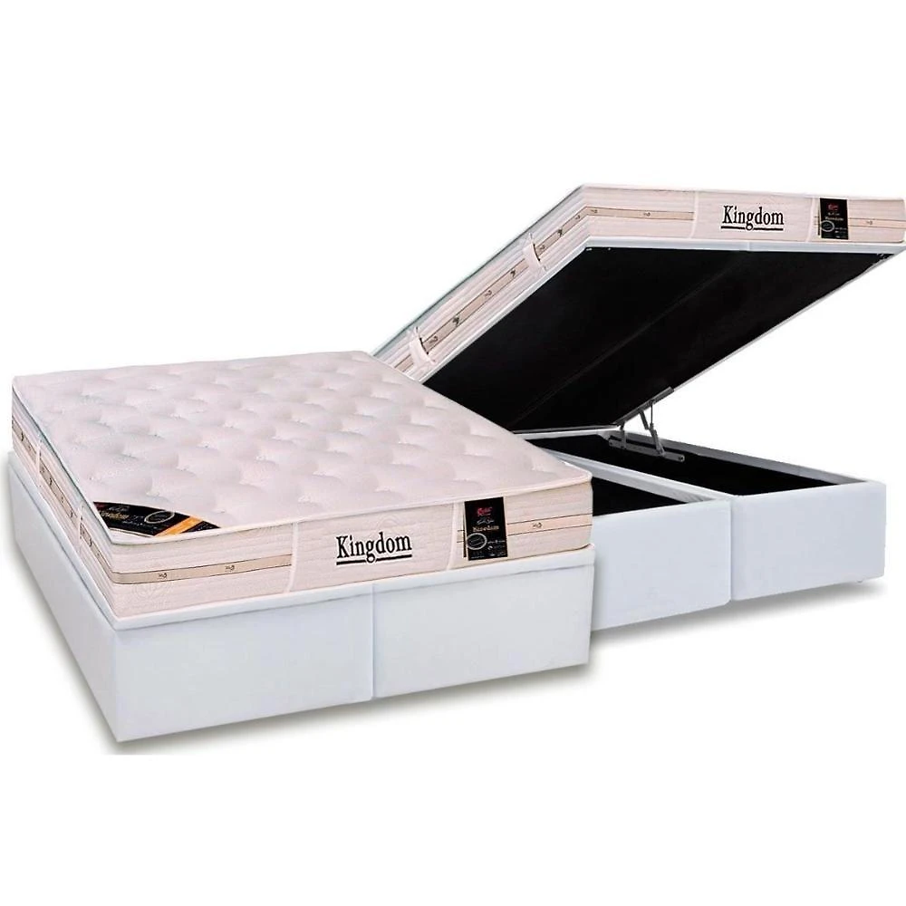 Cama Box Baú Queen: Colchão Molas Pocket Ensacadas Castor Kingdom Aloe Vera + Base Crc Courano White (158x198)