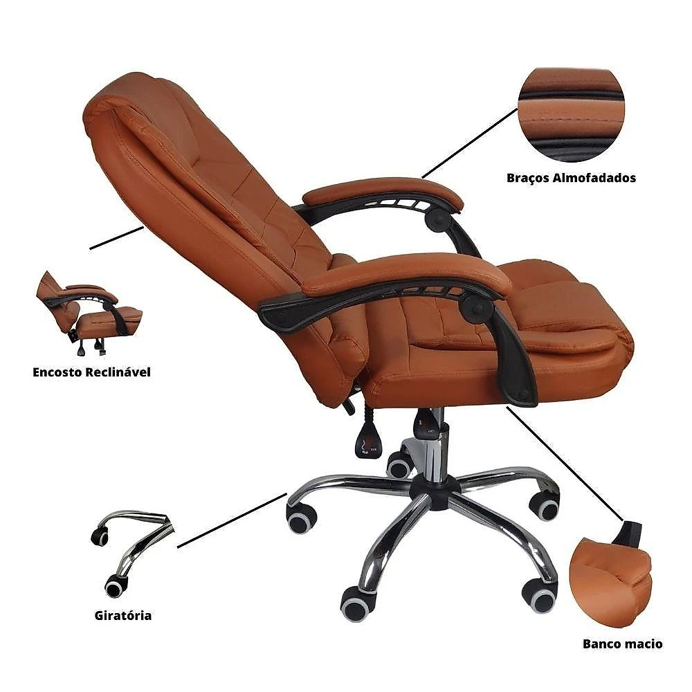 Cadeira De Escritório Presidente Reclinável Ergonômica Marrom Claro