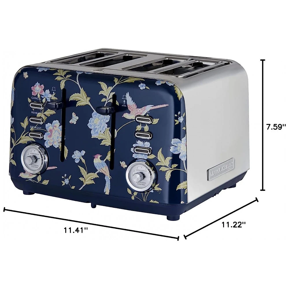 Torradeira 4 Fatias em Aço Inox Laura Ashley Azul Marinho com estampa floral Elveden, Slots Largos, 7 Níveis, Funções Descongelar, Reaquecer
