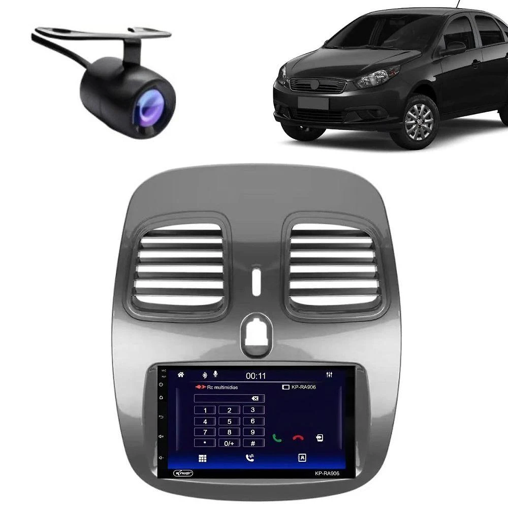 Central Multimídia Automotiva Android Auto Grand Siena Moldura + Câm Grafite 7 Bluetooth Wi-Fi USB