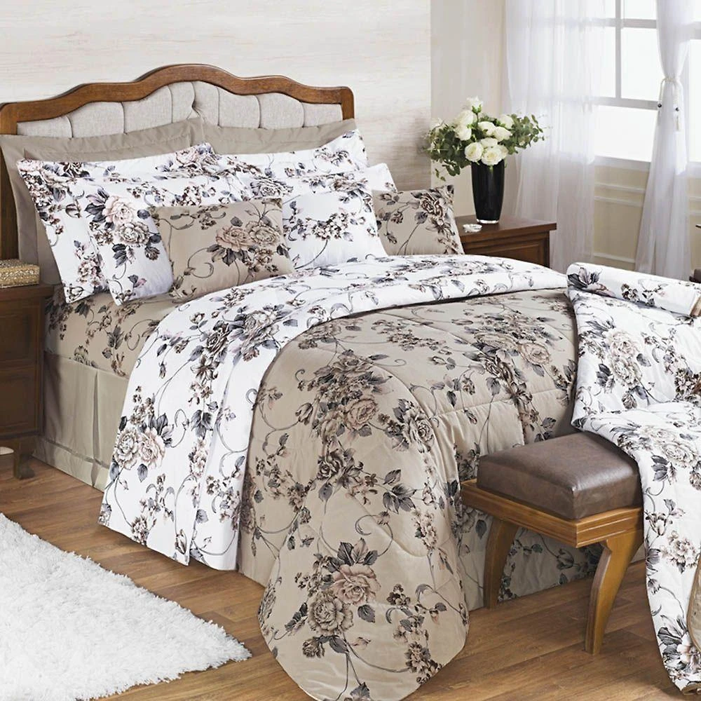 Kit Cobre Leito Colcha Encatare Casal 3 Peças Percal 200 Fios 100% Algodão - Floral Samara