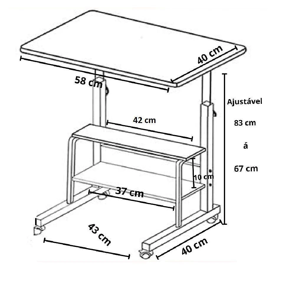 Mesa Notebook Ajustavel 2 Prateleiras Escrivaninha Mesinha Rodinhas Multiuso Estudos Home Office Marfim